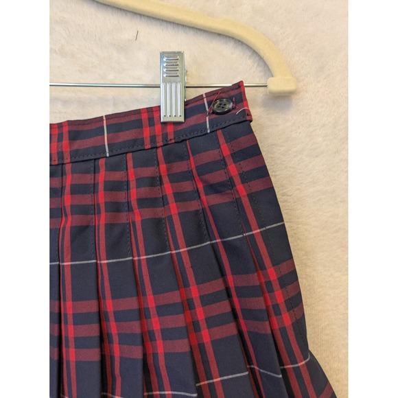 DENNIS Plaid Pleated Junior Skirt Red Navy White A-line Mini Size J5 - Picture 3 of 7